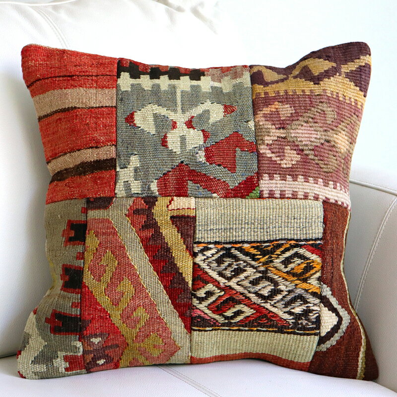 オールドキリムクッションカバー 40cm /Old Kilim Cushion パッチワーク トルコのウール手織りキリム