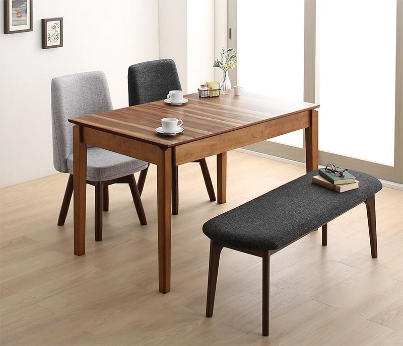 ウォールナット3段階伸縮テーブル・回転イスダイニングシリーズ 〔Walkot〕ウォルコット 4点セット(テーブルW120-180 チェア2脚 ベンチ1脚) 〔チェア色〕ライトグレー 【北海道・沖縄・離島配送不可】