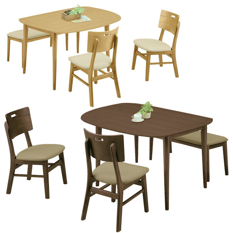 ＼全商品に使える11%offクーポンあり!!/ ダイニング4点セット 幅125cm 4点セット ダイニングテーブル 4人掛け 木製 ダイニング 125幅 4人用 ベンチ オーク 丸脚 ダイニングチェア 2脚 ベンチ 1脚 PVC張り チェア 選べる2色 ブラウン