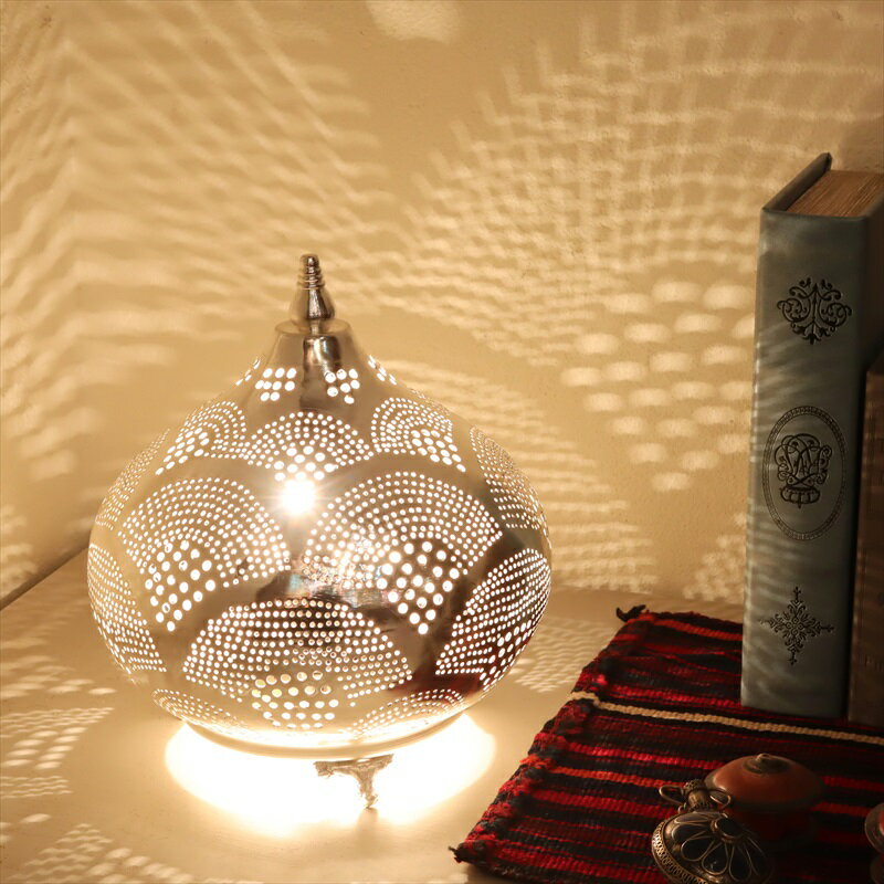 モロッコ メタルシェード・スタンドランプ/Moroccan Metal shade Lamps エジプト製 Φ21cm/Soganシルバー色/レインボー E17 25W 白熱球付き