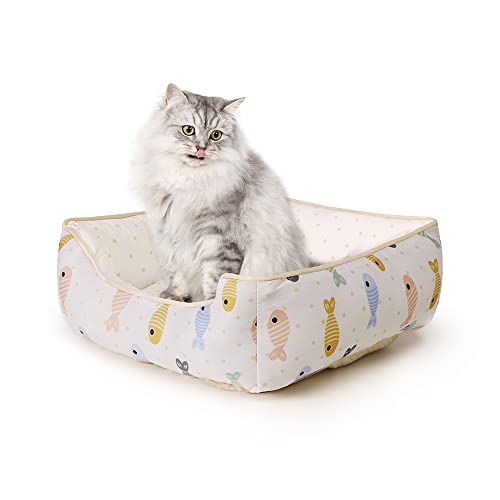 JEMA 猫 ベッド 夏用 犬 ペットベッド 接触冷感 ひんやり クッション 洗える 長方形 50x40x13cm ペットべっと 犬用ソファー 小魚柄(1