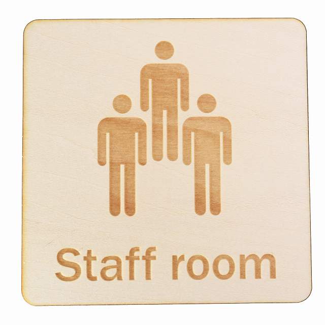 スタッフルーム Staff Room プレート 従業員用 休憩室 事務室 作業室 木製ドアサイン 正方形 9x9cm 彫刻 トイレ インテリア レストルーム デザイン おしゃれ ピクトサイン