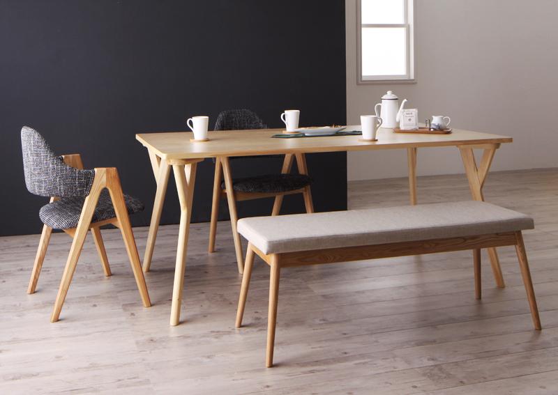 北欧デザインワイドダイニング〔OLELO〕オレロ 4点セット チェア:サンドベージュ ベンチ:クリームベージュ【代引不可】【北海道・沖縄・離島配送不可】