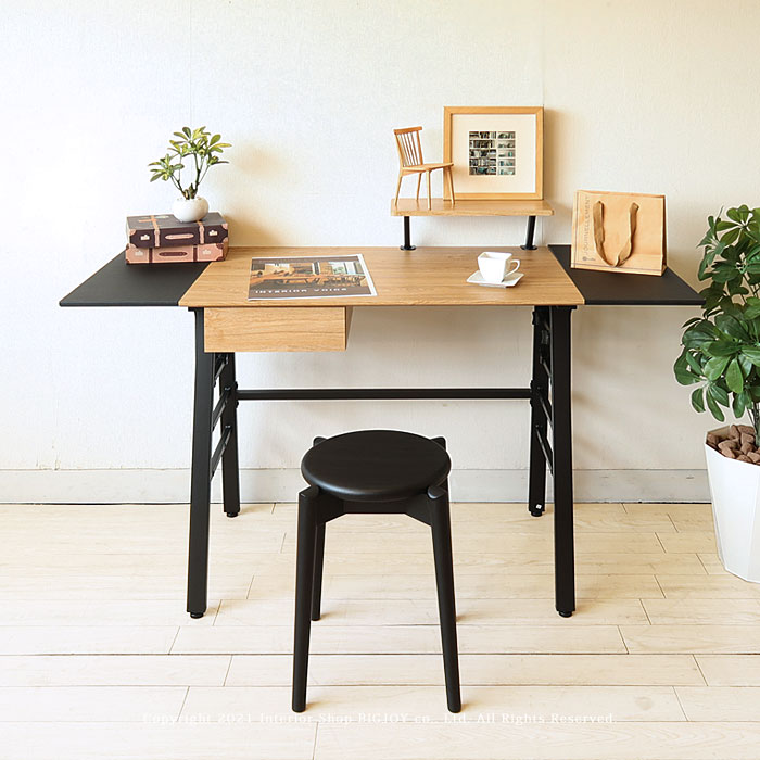 デスク 書斎机 オフィスデスク 幅134cm ナチュラルな木目とブラックの組み合わせ モダン おしゃれ ワーキングデスク 上棚・引き出し付き(※チェア別売)