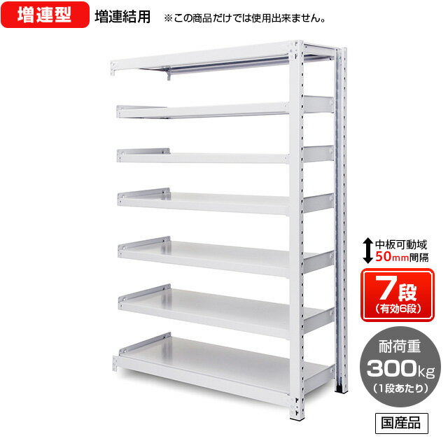 【送料無料】 業務用スチールラック ボルトレス・増連型 オープン型 耐荷重:1段300kg【高さ1800 x 横幅1200 x 奥行900 x 棚板7枚(有効段数6段)】