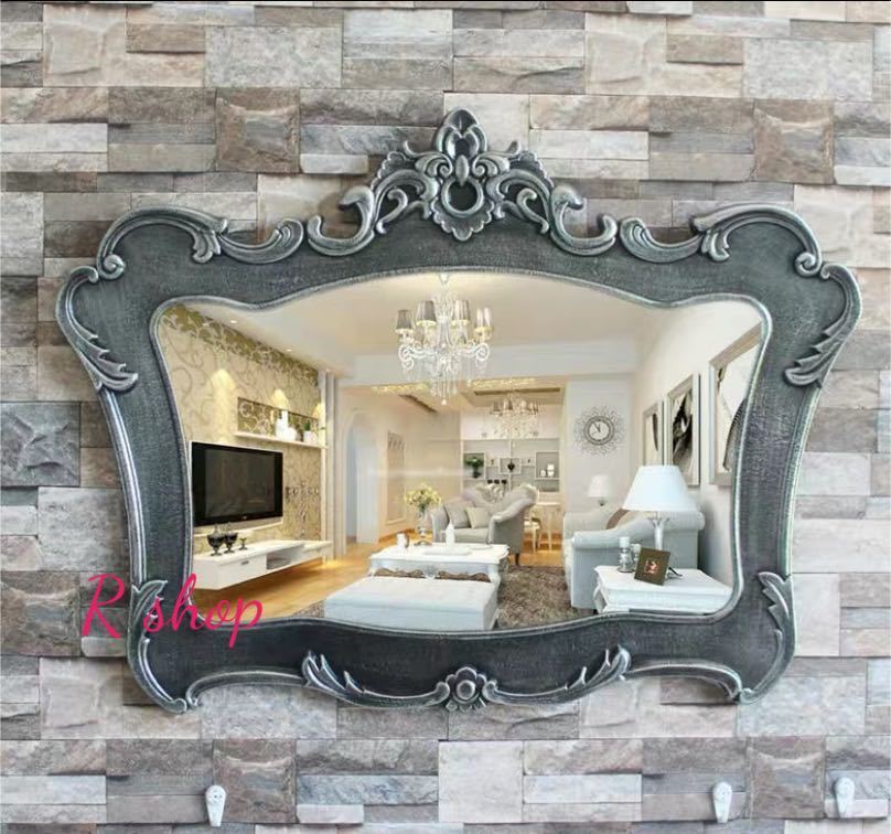 A014413大型ミラー吊鏡 壁掛け鏡 .壁掛けミラー 豪華ウォールミラ 高級豪華鏡 アンティーク調 79x59cm