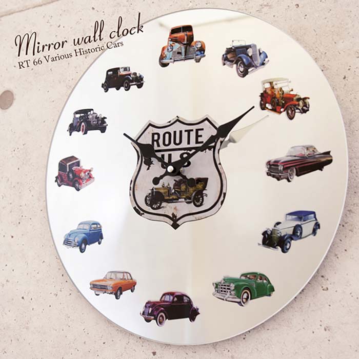 時計 クロック アメリカン ルート66 アメ車 ガラス ミラー アメ雑 壁掛け おしゃれ かわいい