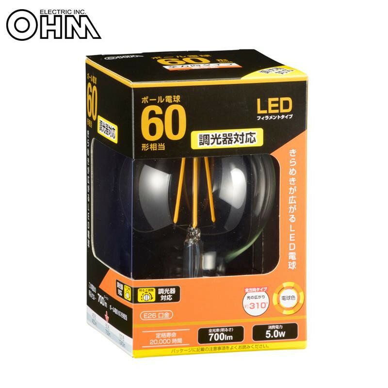 OHM LED電球 フィラメント ボール形 E26 60形相当 調光器対応 LDG5L/D C6