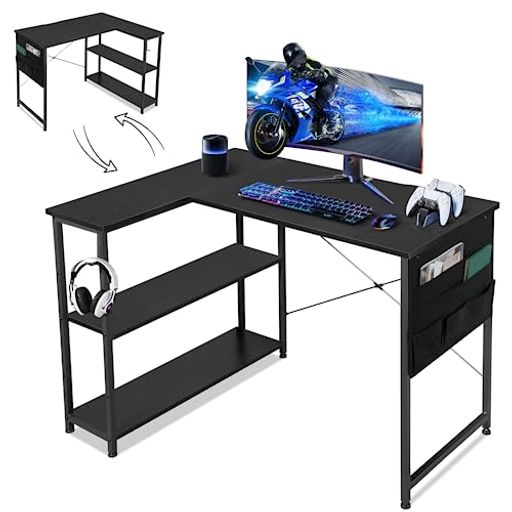 YETOM ゲーミングデスク L字デスク 机 デスク 右棚左棚 幅107CM PCデスク コーナーデスクGAMING DESK 棚板高さ調節可能 オフィスデスク 収納袋付き L字型 PC 勉強机 作業 在宅ワーク デスク リモートワーク ゲームデスク