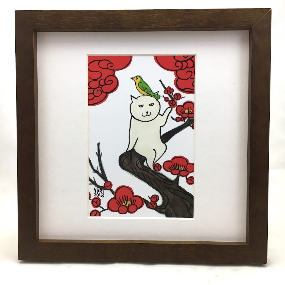 すぎはらゆり ポストカード 花札 梅に鶯 春 猫 ねこ 額付き 絵画【RCP】