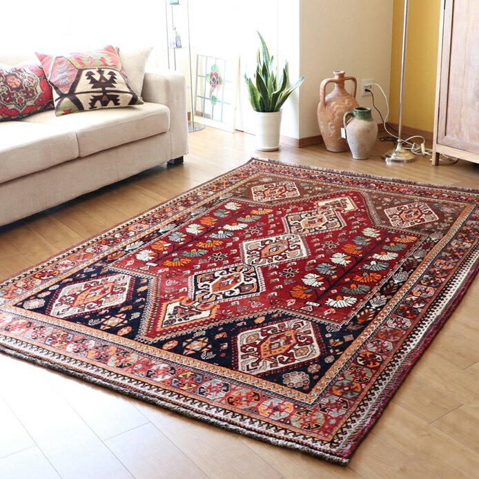 【15%OFFクーポン対象】オールドカーペット 部族絨毯/トライバルラグ カシュカイ族 234x163cm 赤い変形メダリオン