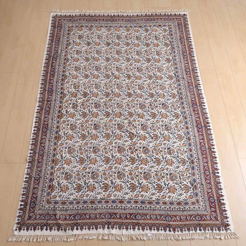 ペルシャ更紗 ガラムカール 240×160cm イラン産 綿100% 手染布 マルチカバー ソファーカバー ベッドカバー テーブルクロス アジアン エスニック オリエンタル柄 ベージュ 赤 花柄(品番:GC-2410)