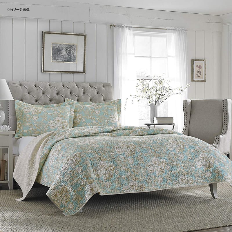 ローラ アシュレイ キルト 枕カバーセット 花柄 パステルグリーン リバーシブル コットン Laura Ashley Brompton Serene Reversible Quilt Set, 206334