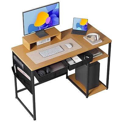 パソコンデスク 机 pcデスク 勉強机 ゲーミングデスク 电脑桌 学習デスク 桌子 オフィスデスク desk 引き出し2杯付き 3段階モニター台付き シェルフ幅100cm×奥行55cm 学習机リモートデスクデスク 収納 ナチュラル