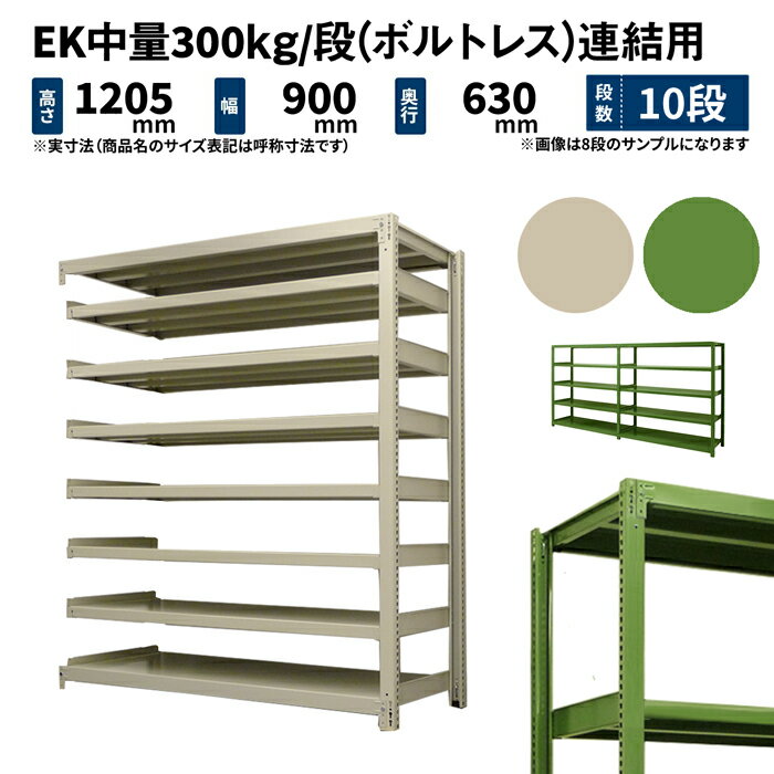 EK中量 300kg/段 高さ1200×幅900×奥行600mm 10段 連結 (ボルトレス) アイボリー/グリーン (89kg) EK300_R-120906-10