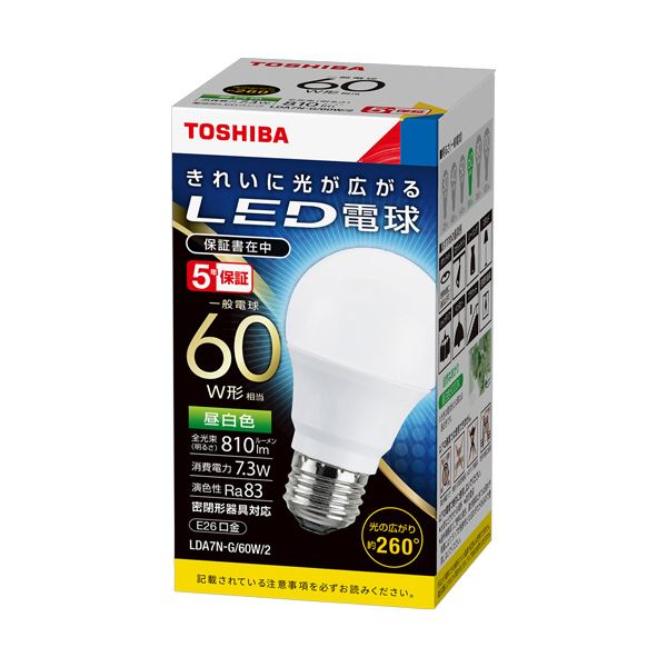 (まとめ)東芝ライテック LED電球 一般電球形 E26口金 7.3W 昼白色 LDA7N-G/60W/2 1個 〔×3セット〕 【北海道・沖縄・離島配送不可】