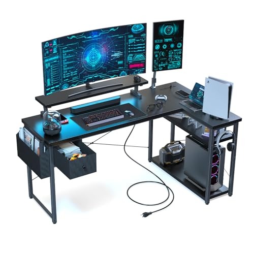 DOMICON パソコンデスク l字 ゲーミングデスク 黒 幅140cm 4段階