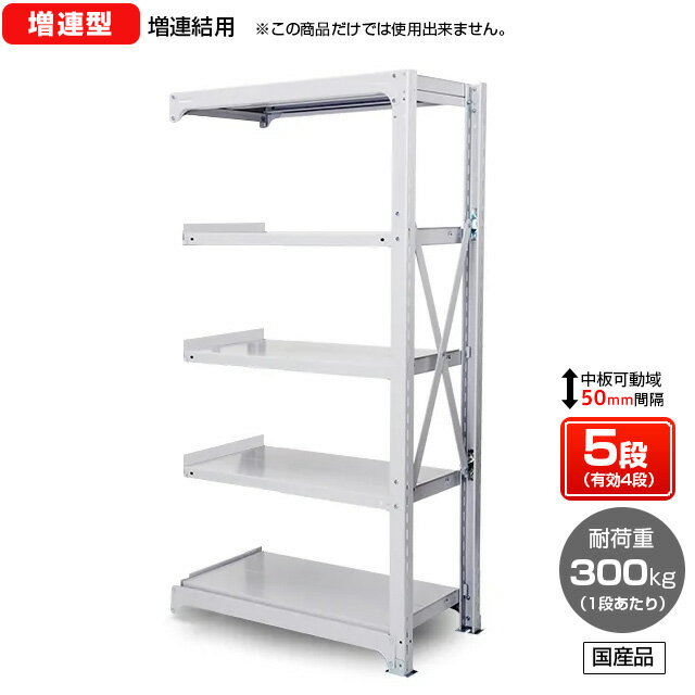 【送料無料】 業務用スチールラック ボルト式・増連型 耐荷重:1段300kg【高さ2400 x 横幅1500 x 奥行870 x 棚板5枚(有効段数4段)】