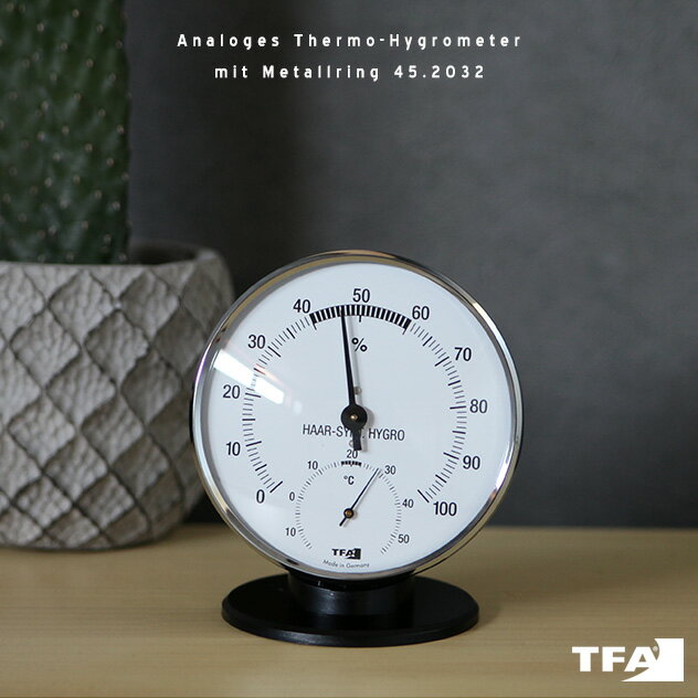 TFA Dostmann / Analoges Thermo-Hygrometer mit Metallring 45.2032 TFAドストマン アナログ サーモハイグロメーター メタルリング 温湿度計 コンフォートメーター 計量器 温度計 湿度計 直径10cm ドイツ製 壁掛 tsukuda 佃企画