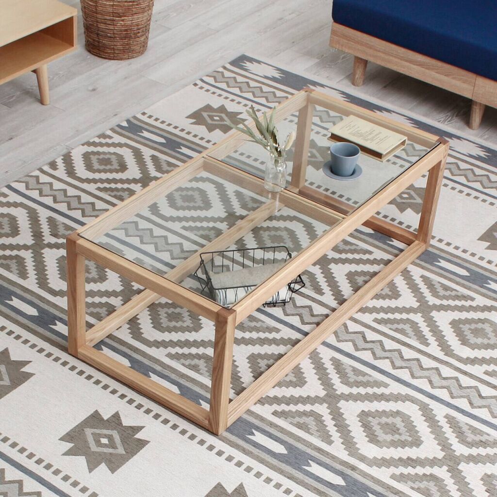 天然木フレーム ガラステーブル ナチュラル