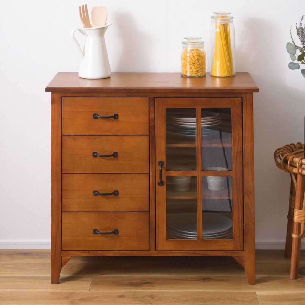 キャビネット 片開きタイプ 引出し4杯付き【ティンバー】 80×40×75cm