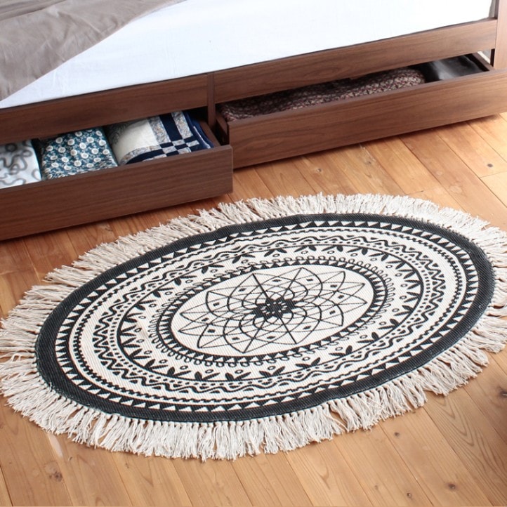 ラグ エスニック柄のフリンジ付きコットンラグ/ Sサイズ