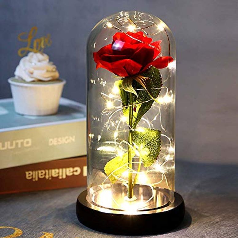 ガラスドーム 花 バラ ローズ Beauty and The Beast Rose in Glass, Red Artificial Flower Rose Gift, Lasts Forever in A Glass Dome,Unique Gifts for Women, Christmas, Wedding,Valentine