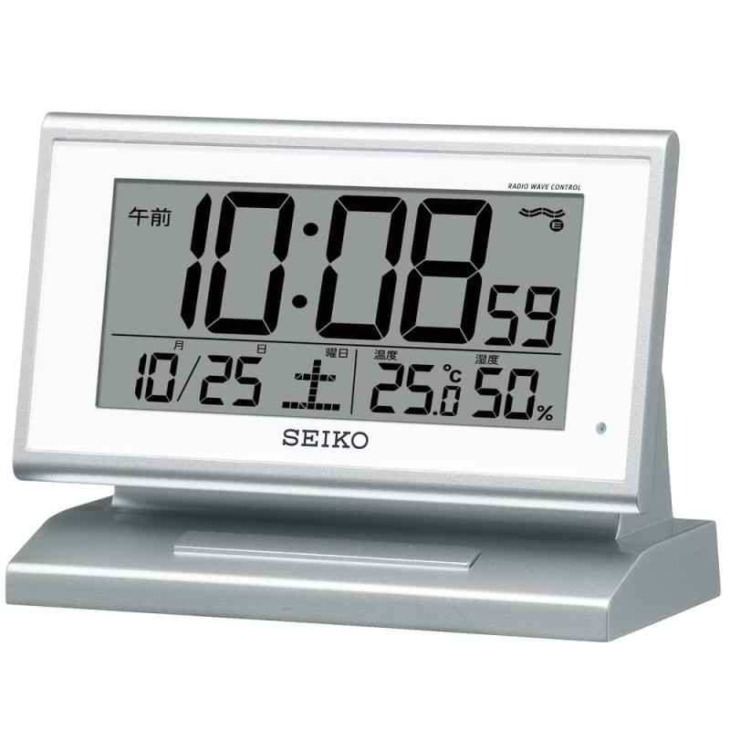 セイコークロック(Seiko Clock) 目覚まし時計 自動点灯 電波 デジタル カレンダー 温度 湿度 表示 夜でも見える 銀色 メタリック SQ768S SEIKO