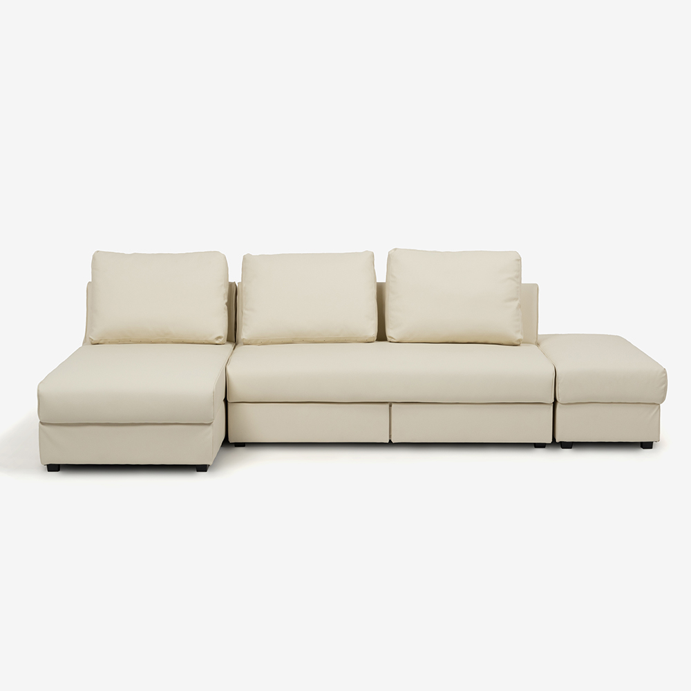 カウチソファ２点セット＋オットマン ソファベッド「パズル」ソフトレザー アイボリー色 収納付き