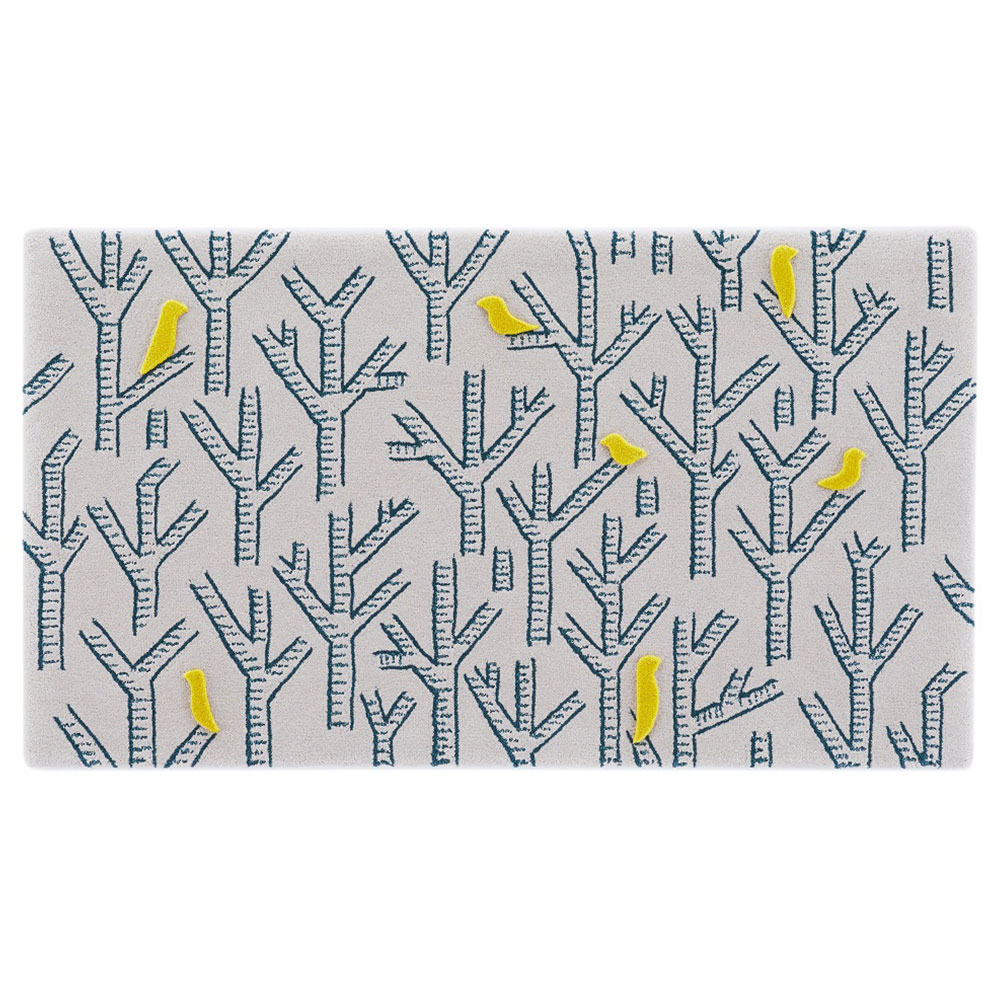 山形緞通　手刺緞通「birds in the forest」Sサイズ(幅140x長さ78cm) 防炎【受注生産品】