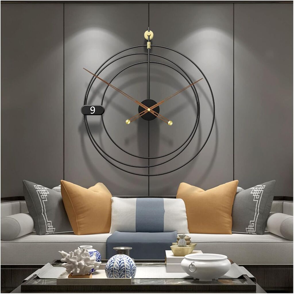 装飾的な壁掛け時計、サイレント非カチカチ壁掛け時計無垢材のポインター電池式のモダンなデザインスタイルの部屋のオフィスカフェホテルの装飾、黒、62 * 68CM