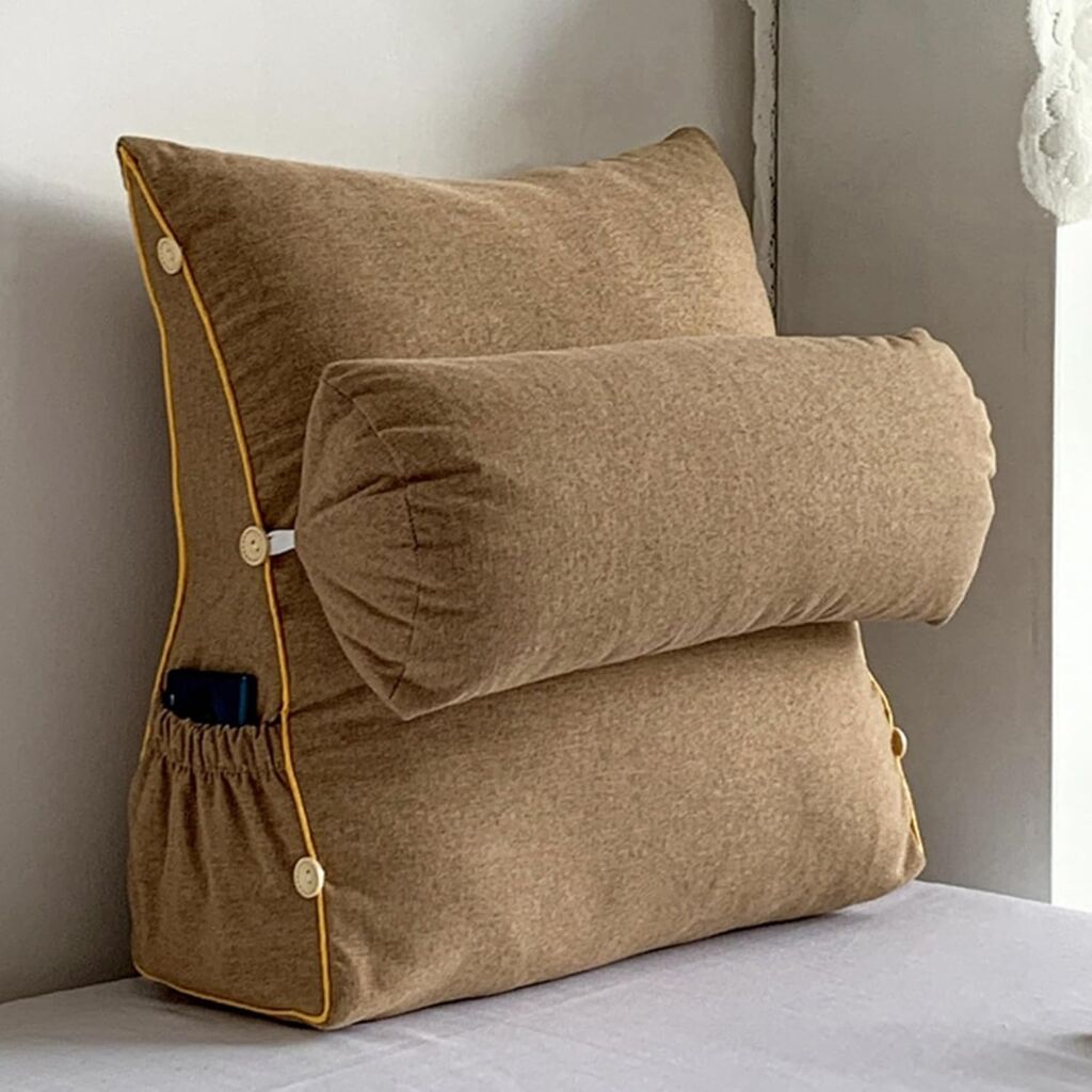 背もたれクッション 枕付き 低反発 3階調整 亜麻 腰クッション レストクッション 座椅子 ソファクッション ベッド用 畳用クッション 腰枕 読書枕 腰サポート 三角クッション オフィス 自宅 寮用