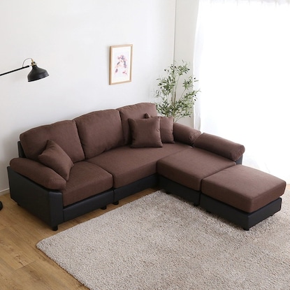 PVC×布張り5人掛けコーナーカウチソファ (BR/BK)