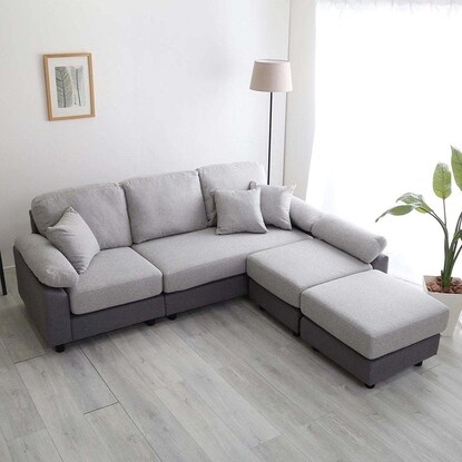 布張りツートン5人掛けコーナーカウチソファ (GY)