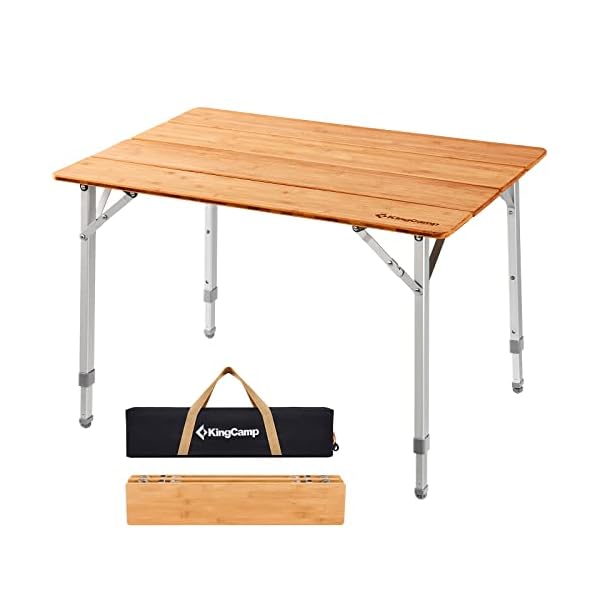 FO:アウトドア テーブル 折りたたみ キャンプ テーブル 高さ調節 バンブー ロールテーブル 天然 孟宗竹 コンパクト 耐荷重 80 kg ピクニック ファミリー 収納付き 65 x 50 x 45/52/65 cm