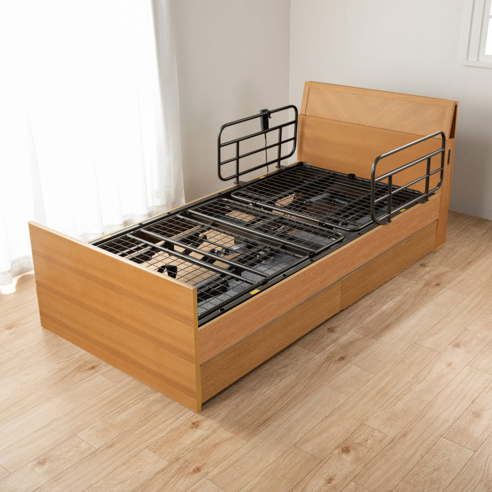 【非課税】シングル電動ベッドフレーム　エンブレム　スリムキャビ　2Ｍ　引出し　手すり付　※マットレス別売