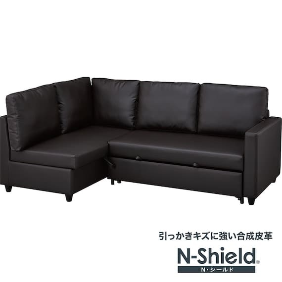 傷･汚れに強い合成皮革 収納付きコーナーソファーベッド(ノアーク2 RC Nシールド DBR）　
