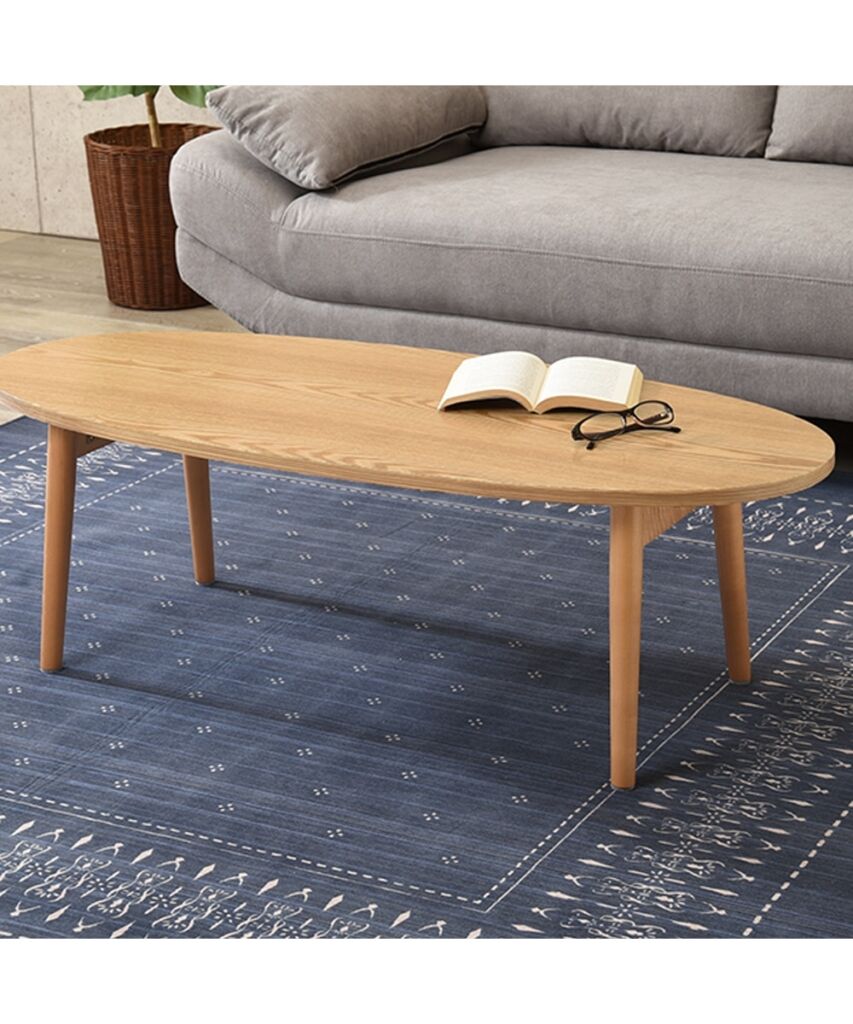 木目が美しい天然木突板の折りたたみテーブル（オーバル）