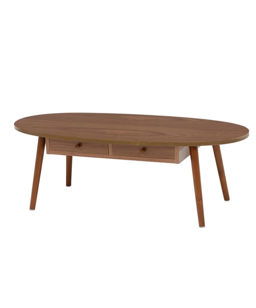 木目が美しい天然木突板の引き出し付きテーブル（オーバル）