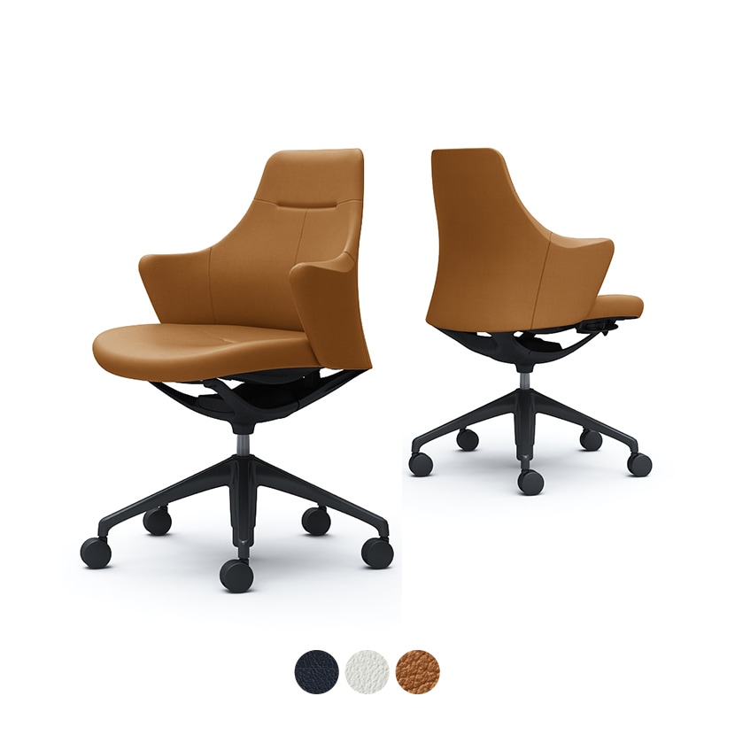 オカムラ ライブス Lives ワークチェア Work Chair CD53MR オフィスチェア 背・肘・座一体 ロータイプ アルミ脚 革張り ブラックボディ ブラック脚
