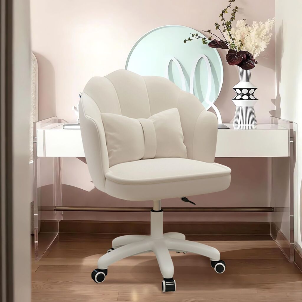オフィスチェア デスクチェア 椅子 テレワーク 疲れない パソコンチェア 360回転 昇降機能付き 高反発クッション 勉強 仕事 在宅勤務 腰クッション付き テレワーク 事務 人気 おしゃれ(ベロア, ホワイト)