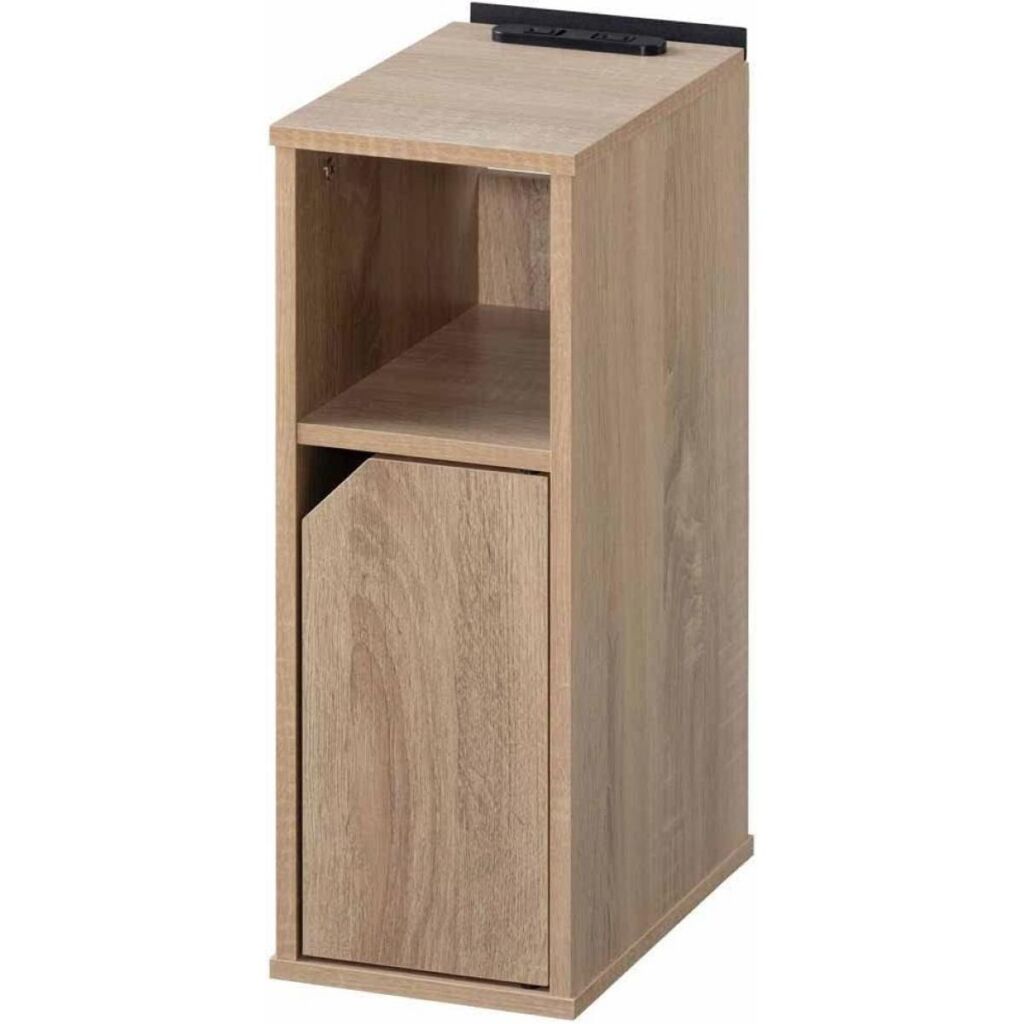 アイリスオーヤマ ナイトテーブル サイドテーブル 扉付き NTB-180T ライトナチュラル 2口コンセント スリム シンプル 充電 組立式 ベッドサイド