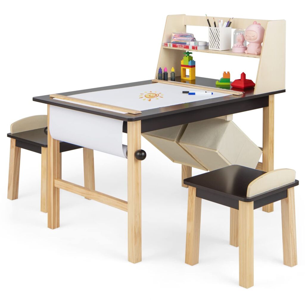 子ども用テーブルと椅子3点セット 木製 お絵かきテーブル ロール紙ホルダー付き 収納バスケット付き 大容量収納 子供デスクセッ