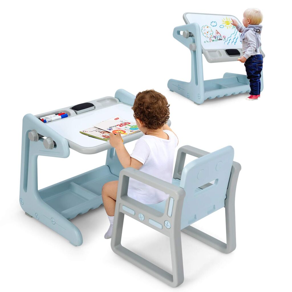 子ども用テーブル 椅子セット 子どもテーブルセット 絵かきボード 角度調整可能 収納スペース付き 子供デスクセット キッズテーブルチェアセット 多機能 入園祝い 絵本読み 絵かき グレー ピンク ブルー プレゼント ギフト 贈り物 送料無料