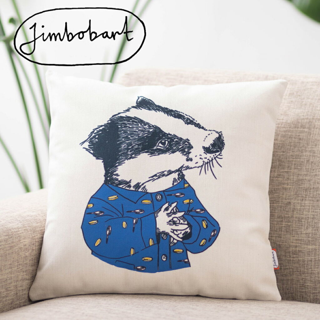ジムボバート クッションカバー Jimbobart アナグマ Badger 英国 デザイン 45×45cm アニマル リネン 天然の麻で出来たハンドメイド あなぐま 動物 イギリス プレゼント ギフト 新生活 新居 引越し祝い 新築 子供 家 おうち おしゃれ