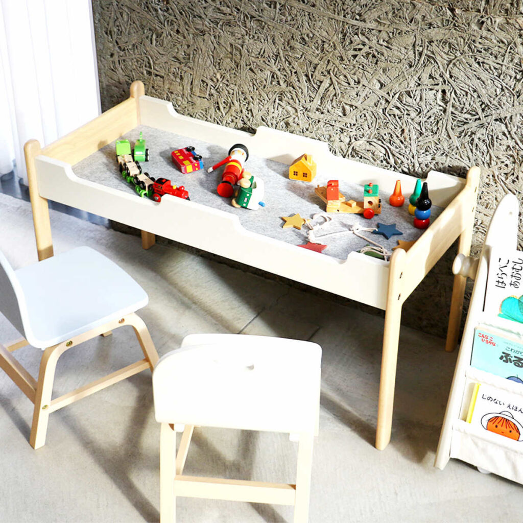 キッズテーブル 幅86.2cm プレイテーブル ( キッズ テーブル デスク 机 収納付き 子供 子ども リビング学習 木製 天然木 フェルト 静音対策 傷防止 キッズデスク ブロック 積み木 ごっこ遊び 勉強 お絵描き リビング おしゃれ 北欧 )【39ショップ】