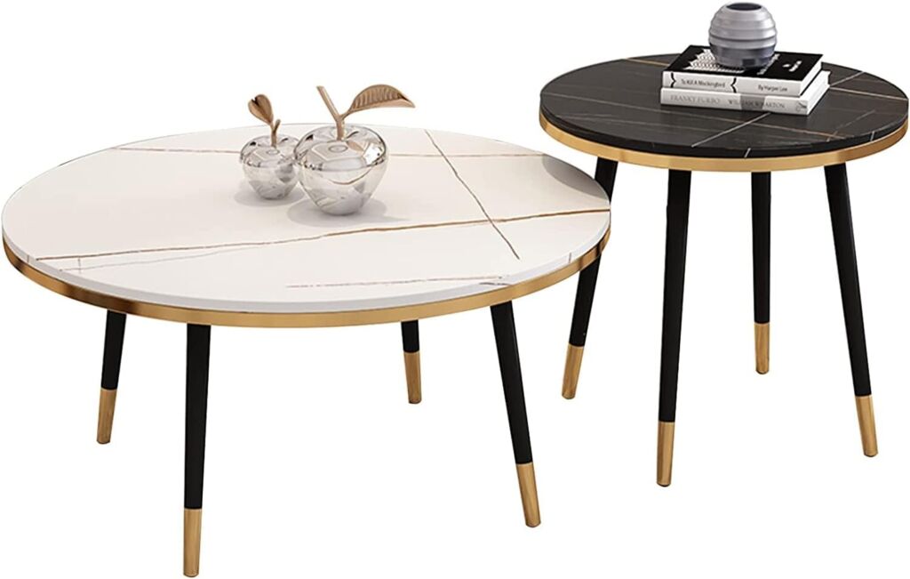 モダンなリビングルームコーヒーテーブルネストコーヒーテーブル、ラウンドネストテーブルモダンアクセント、人工スレートソファサイドエンドテーブル2個セット、ブラックメタル脚、組み立て簡単、狭いスペース用リ