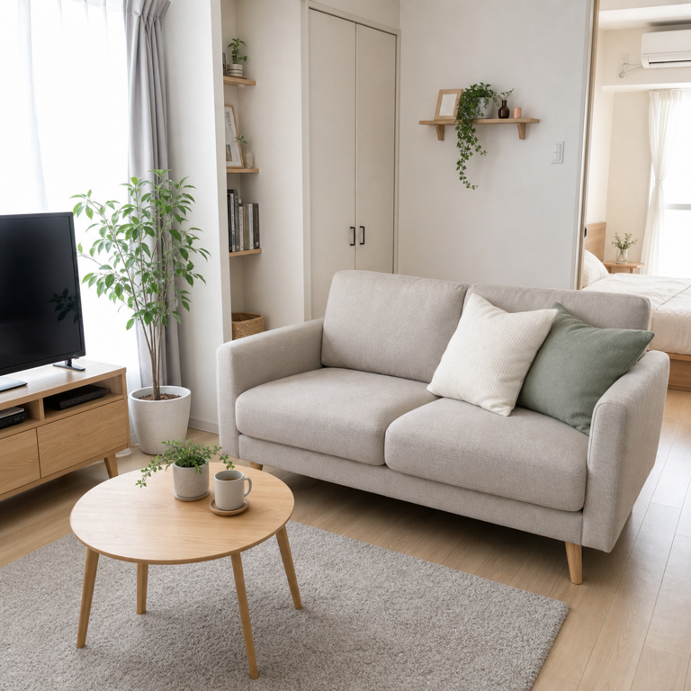 一人暮らしの部屋にグレージュのコンパクト2人掛けソファを置き、通路とローテーブルとの余白が分かる配置イメージ