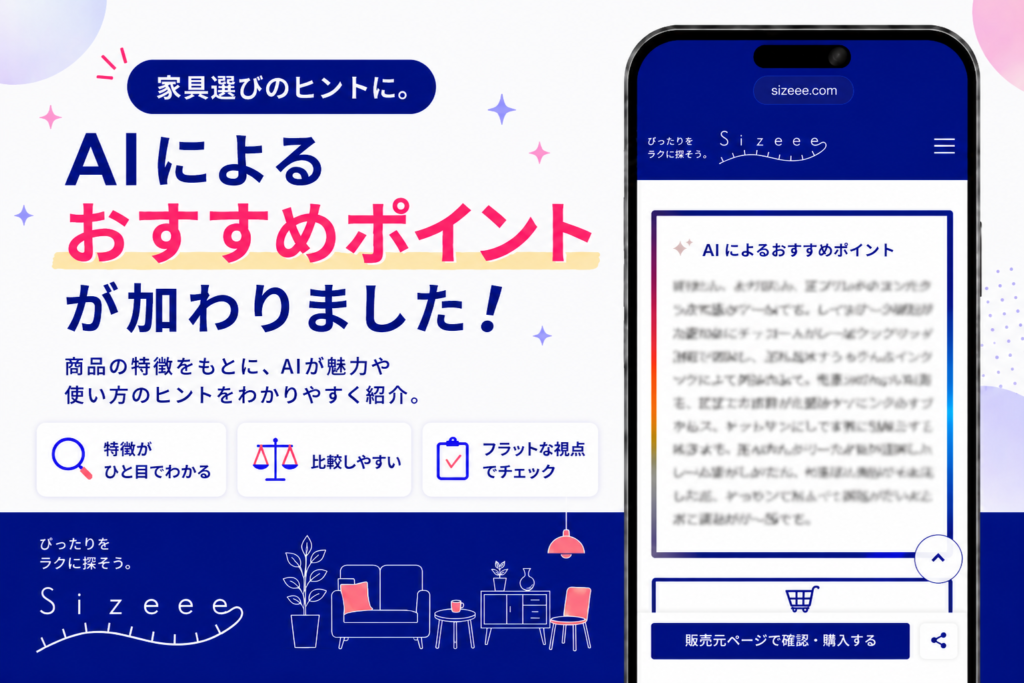Sizeeeの商品ページに追加された「AIによるおすすめポイント」機能を紹介するアイキャッチ画像