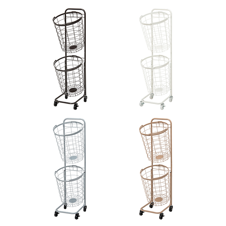 2段ランドリーバスケット キャスター付き くすみカラー 丸型 [2]